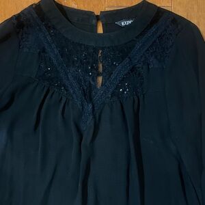 Express Black Blouse with Lace Yoke
